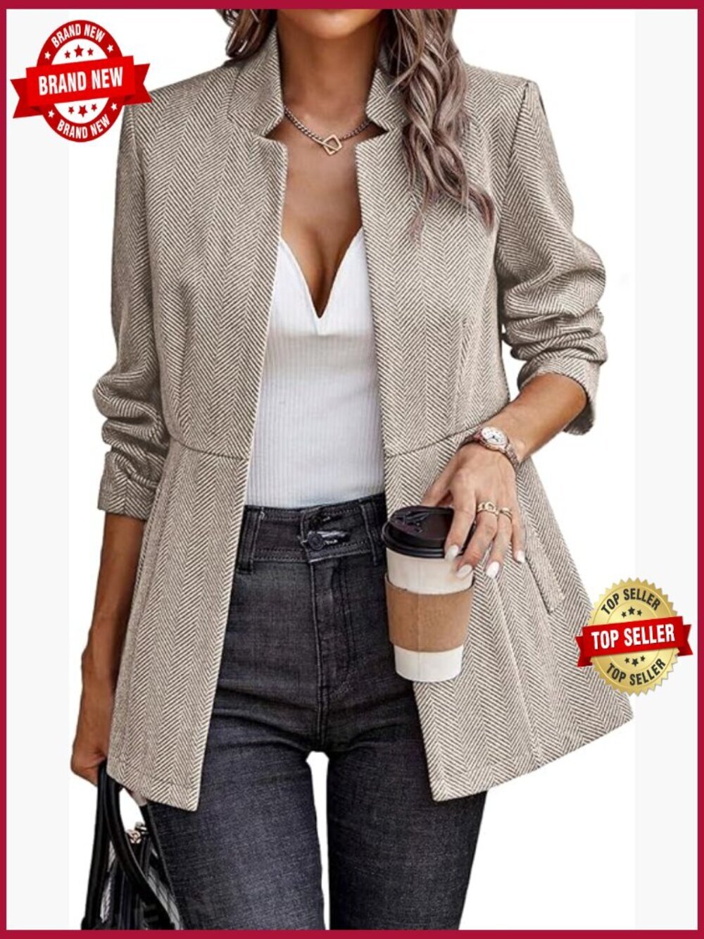 Women's Open Front Herringbone Blazer Business Casual Work Jacket